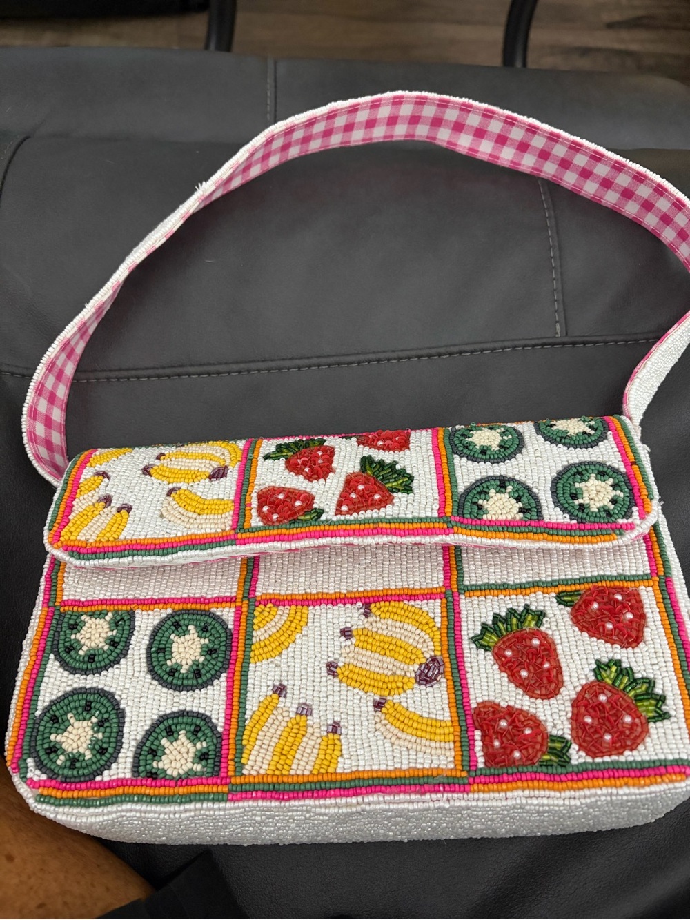 Beaded Fruit-Print Shoulder Bag in White, red, yellow and green.